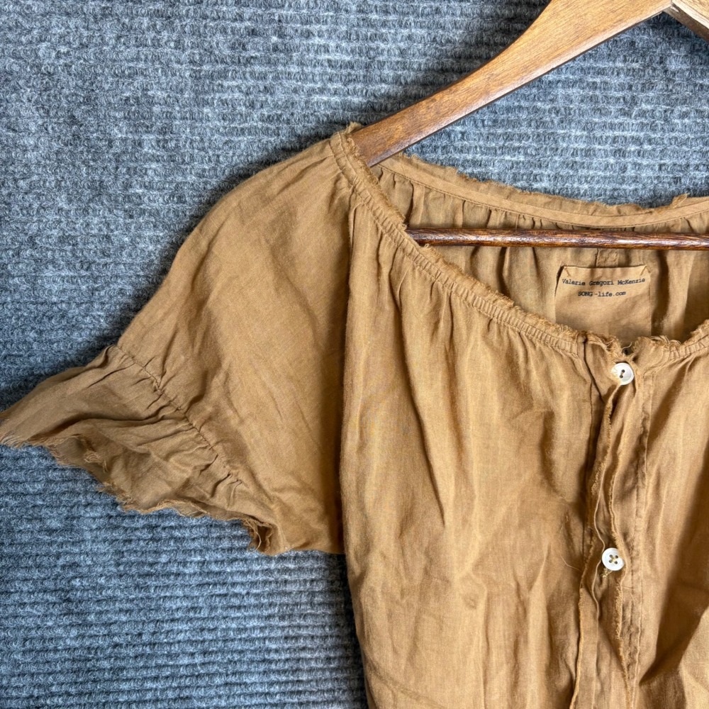 Valerie Gregori McKenzie SONG Brown Ramie Cotton Button Front Peplum Blouse S - Picture 2 of 5